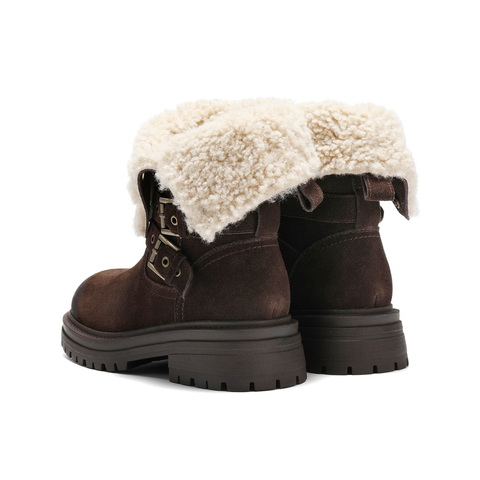 百丽厚底增高西部靴女2025冬新复古绒面潮酷双饰扣中筒靴B2824DZ5