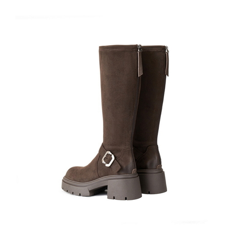 百丽复古潮酷弹力靴女2025冬新商场同款粗跟增高弹力高靴E5H1DDG5