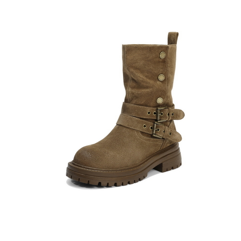 百丽厚底增高西部靴女2025冬新复古绒面潮酷双饰扣中筒靴B2824DZ5