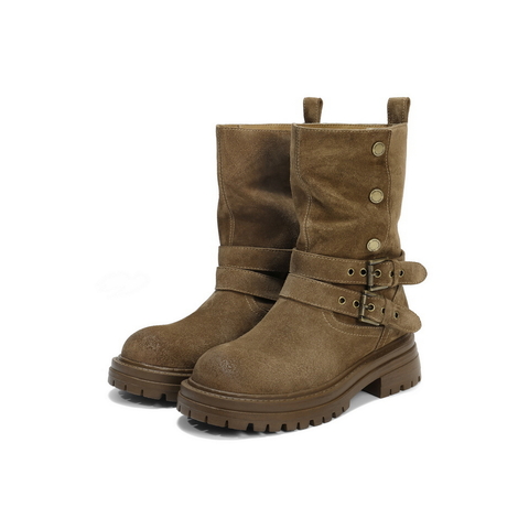 百丽厚底增高西部靴女2025冬新复古绒面潮酷双饰扣中筒靴B2824DZ5