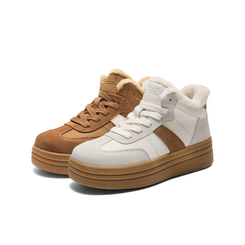 百丽加绒保暖高帮板鞋女2025冬新商场同款厚底增高休闲鞋E5T1DDD5