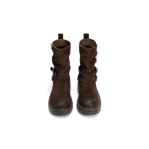 百丽厚底增高西部靴女2025冬新复古绒面潮酷双饰扣中筒靴B2824DZ5