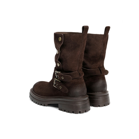 百丽厚底增高西部靴女2025冬新复古绒面潮酷双饰扣中筒靴B2824DZ5