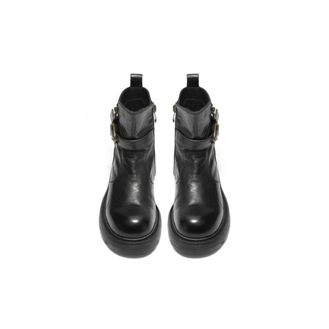 百丽潮酷皮带扣时装靴女2025冬新商场同款真皮厚底短靴F2P1DDZ5