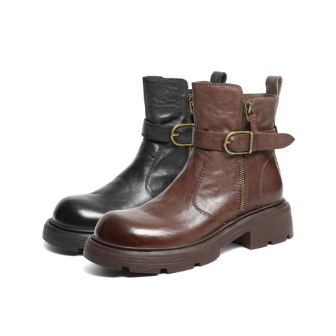 百丽潮酷皮带扣时装靴女2025冬新商场同款真皮厚底短靴F2P1DDZ5