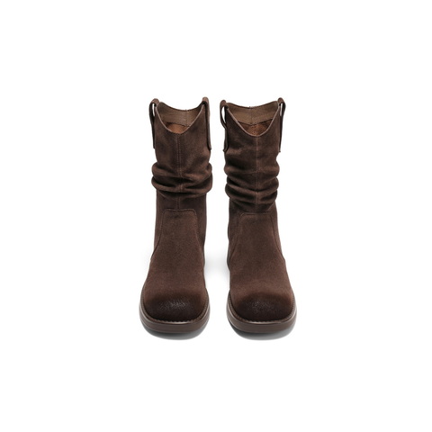 百丽复古时尚V口时装靴女2025冬新百搭显瘦堆堆西部靴B2913DZ5