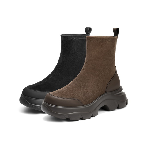 百丽厚底增高弹力靴女25冬新复古绒面防撞头弹力短靴E4V2DDZ5