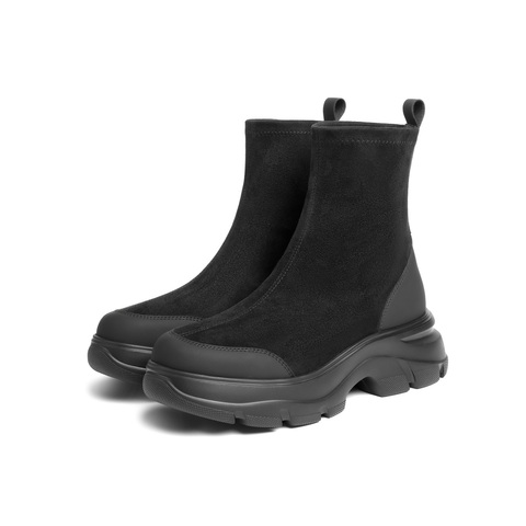 百丽厚底增高弹力靴女25冬新复古绒面防撞头弹力短靴E4V2DDZ5