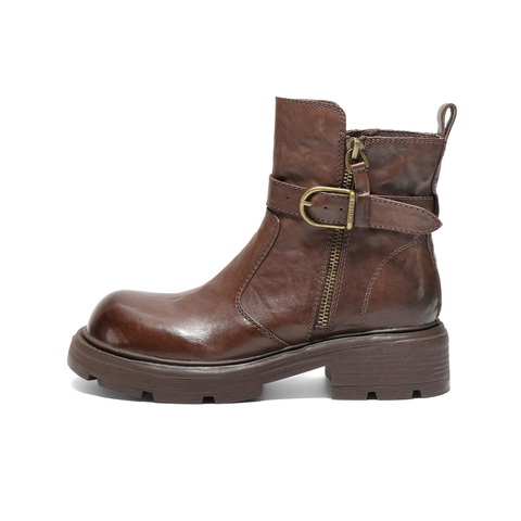 百丽潮酷皮带扣时装靴女2025冬新商场同款真皮厚底短靴F2P1DDZ5