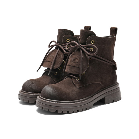 百丽复古鞋头擦色马丁靴女2025冬新厚底增高休闲绑带短靴B2912DD5