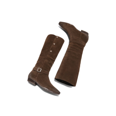 百丽复古时尚尖头时装靴女2025冬新低跟宽筒围西部靴BFB71DG5