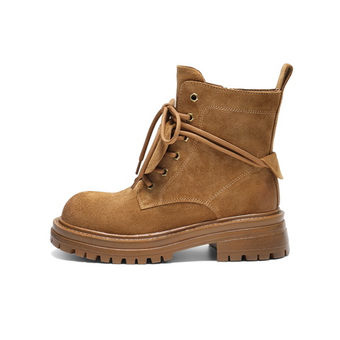 百丽复古鞋头擦色马丁靴女2025冬新厚底增高休闲绑带短靴B2912DD5