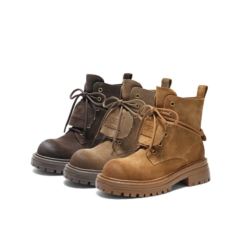 百丽复古鞋头擦色马丁靴女2025冬新厚底增高休闲绑带短靴B2912DD5