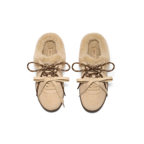 百丽双鞋带毛毛鞋女2025冬新商场同款加绒保暖外穿拖鞋E6E1DDH5