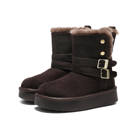 百丽双饰扣雪地靴女2025冬新加毛保暖厚底休闲中筒靴B3028DZ5