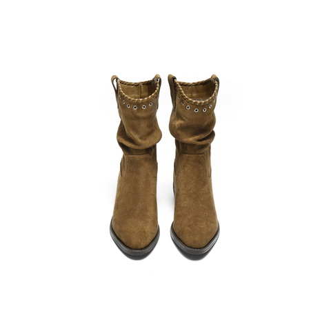 百丽复古绒面时装靴女2025冬新显瘦V口百搭西部牛仔靴B3009DZ5