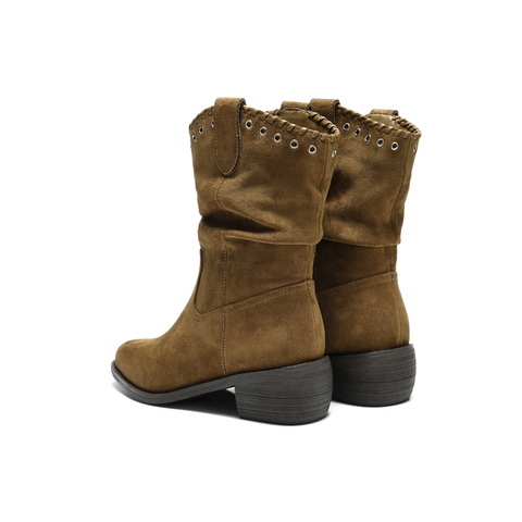 百丽复古绒面时装靴女2025冬新显瘦V口百搭西部牛仔靴B3009DZ5