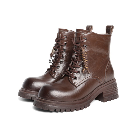 百丽编织绳马丁靴女2025冬新翘头复古短靴DY017DD5