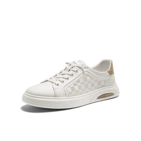 百丽时尚格纹小白鞋男2026新款春季商场款牛皮革休闲板鞋9AH01AM6