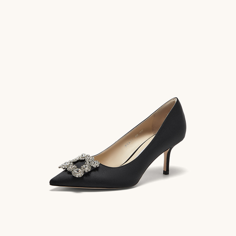 HGK时尚耀星花苞尖头浅口缎面闪钻细跟高跟鞋女鞋WTA01AQ5