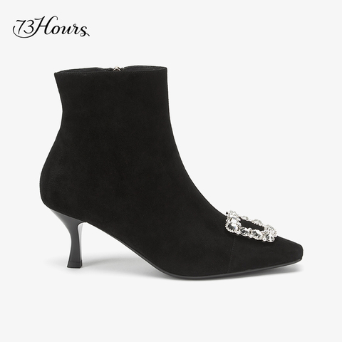 73Hours女鞋Simone2021冬季新品水钻方头高跟靴子黑色方扣短靴女