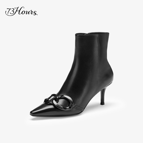 73hours女鞋Miss you2022年冬季新款优雅经典链条黑色细跟女靴短靴