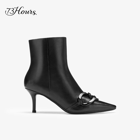 73hours女鞋Miss you2022年冬季新款优雅经典链条黑色细跟女靴短靴
