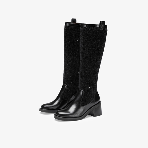 73hours女鞋Black Swan2022冬季女靴小香风精致拼接方跟骑士靴