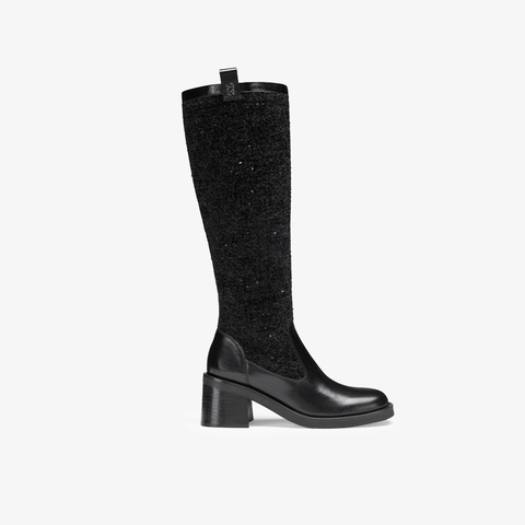 73hours女鞋Black Swan2022冬季女靴小香风精致拼接方跟骑士靴