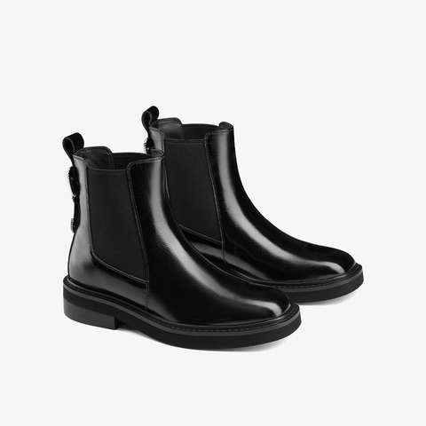 73hours女鞋All black2023冬季新品纯色圆头方跟切尔西靴