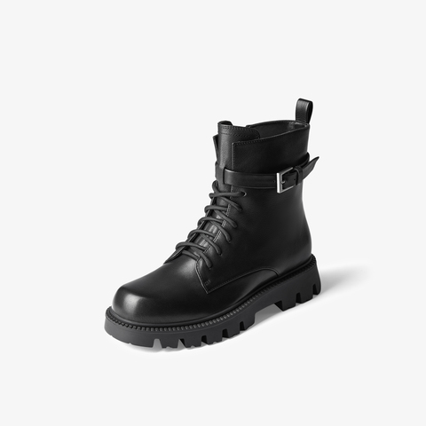 73hours女鞋海浪回声2024冬季新品系带平底纯色马丁靴