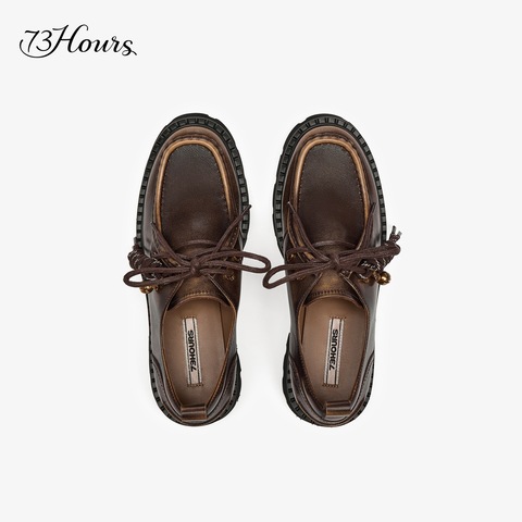 73hours女鞋调皮松果2025春季新品纯色平底圆头系带乐福鞋