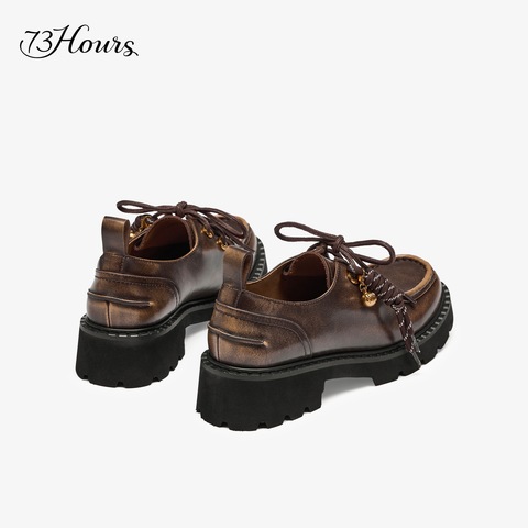 73hours女鞋调皮松果2025春季新品纯色平底圆头系带乐福鞋