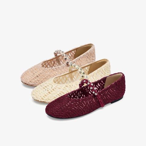 73hours女鞋转角巴黎2025秋季新品编织镂空鞋面平底纯色玛丽珍鞋