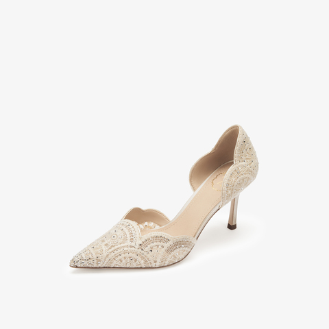 73hours女鞋蔷薇少女2025高跟尖头纯色蕾丝中空凉鞋