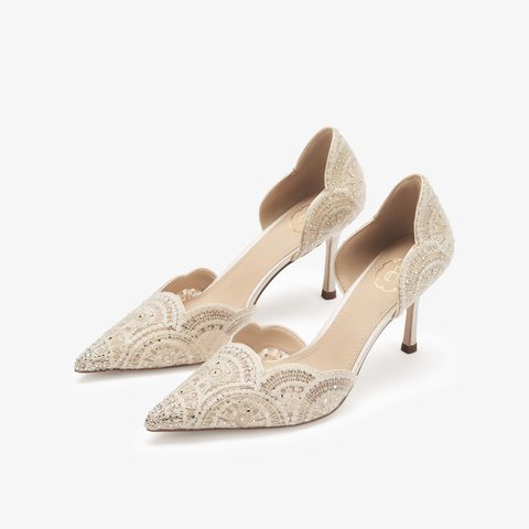 73hours女鞋蔷薇少女2025高跟尖头纯色蕾丝中空凉鞋