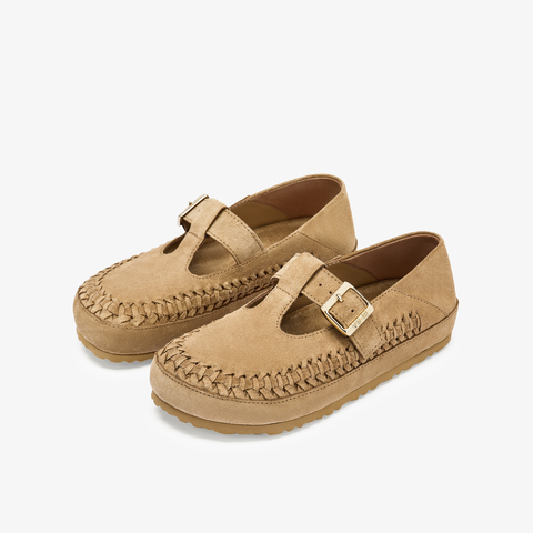 73hours女鞋开心果2025秋季新品平底纯色圆头魔术贴勃肯鞋