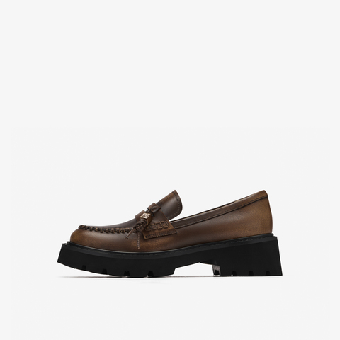 73hours女鞋黑松露2025秋季新品方跟纯色圆头乐福鞋