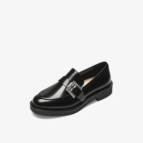 73hours女鞋唤醒阳光2025秋季新品圆头纯色方跟饰扣乐福鞋