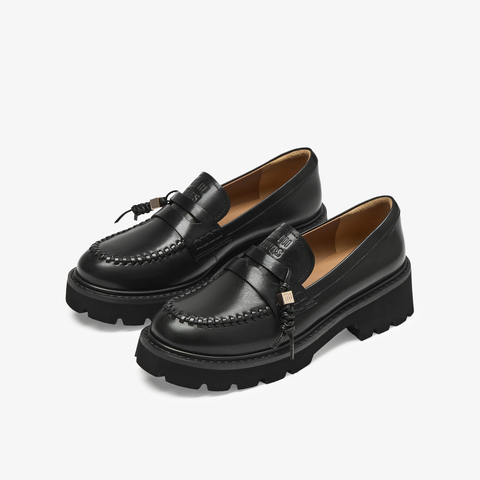 73hours女鞋黑松露2025秋季新品方跟纯色圆头乐福鞋