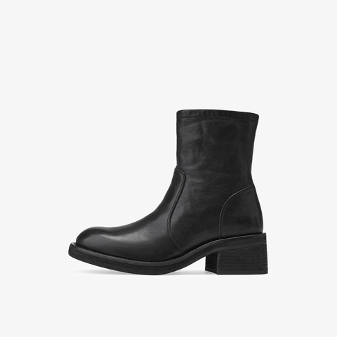 73hours女鞋电影画面2025冬季圆头纯色方跟切尔西靴