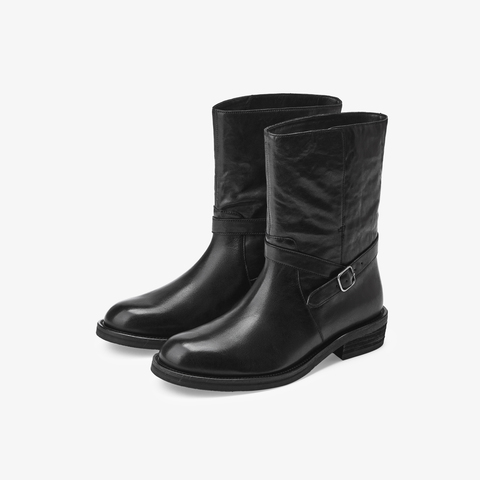 73hours女鞋公路旅行2025冬季新品平底纯色圆头西部靴