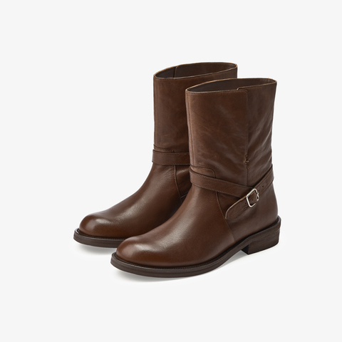 73hours女鞋公路旅行2025冬季新品平底纯色圆头西部靴