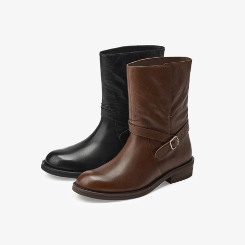 73hours女鞋公路旅行2025冬季新品平底纯色圆头西部靴