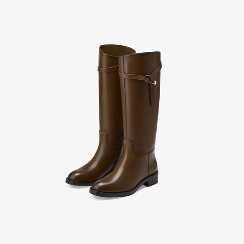 73hours女鞋浸透日光2025冬季新品长筒纯色圆头饰扣骑士靴