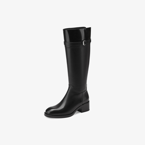 73hours女鞋马赛季节2025冬季新品平底圆头拼色骑士靴