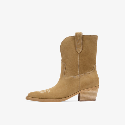 73hours女鞋旷野玫瑰2025冬季新品纯色方跟圆头西部靴