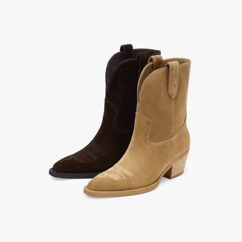 73hours女鞋旷野玫瑰2025冬季新品纯色方跟圆头西部靴