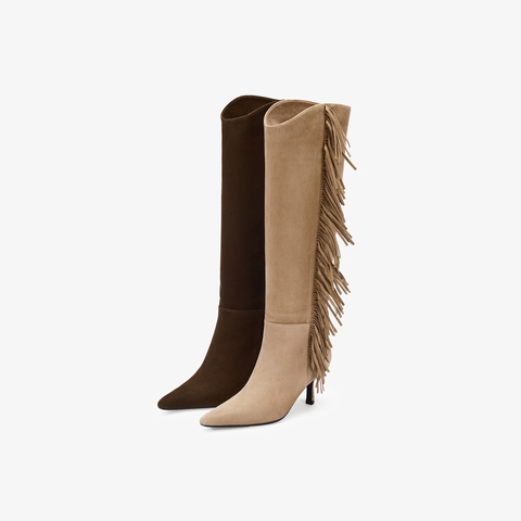 73hours女鞋热烈沙丘2025冬季新品流苏细跟尖头时装靴