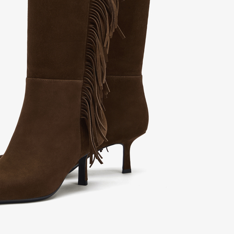 73hours女鞋热烈沙丘2025冬季新品流苏细跟尖头时装靴